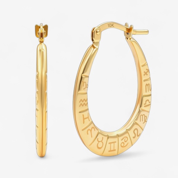 Solid 10K Yellow Gold Zodiac Design Hoop Earrings - Picture 1 of 9